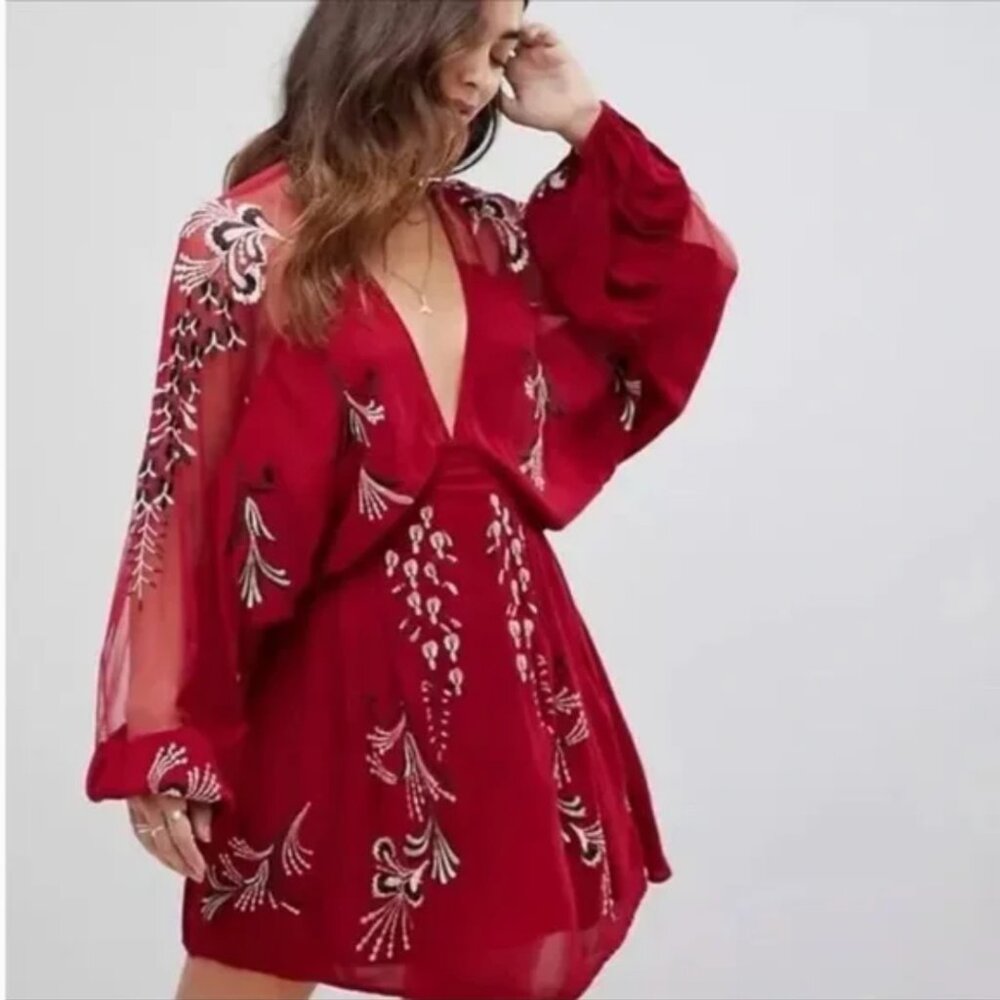 Free People Bonjour Red Floral Embroidered Long Sleeves Mini Dress